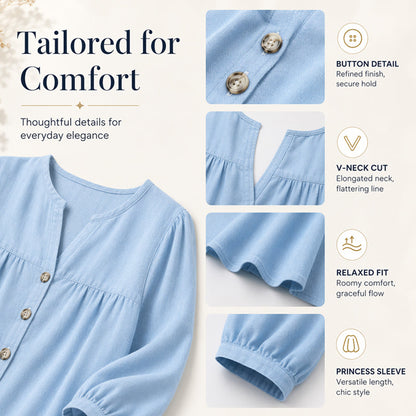 Blouse Tunique Femme Coupe Ample Col V Fendu, Manches 3/4 Bouffantes, Boutons Décoratifs, Style Décontracté Quotidien🔥-57%🍃 pour toutes silhouettes