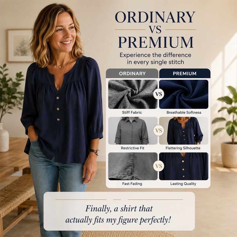 Blouse Tunique Femme Coupe Ample Col V Fendu, Manches 3/4 Bouffantes, Boutons Décoratifs, Style Décontracté Quotidien🔥-57%🍃 pour toutes silhouettes