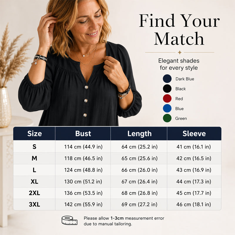 Blouse Tunique Femme Coupe Ample Col V Fendu, Manches 3/4 Bouffantes, Boutons Décoratifs, Style Décontracté Quotidien🔥-57%🍃 pour toutes silhouettes