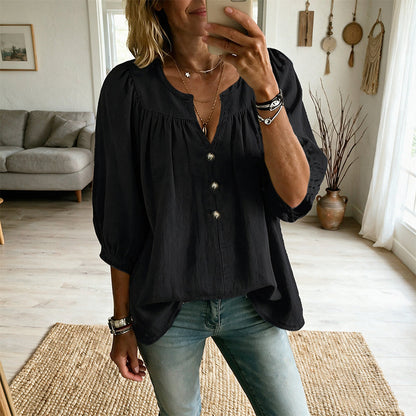 Blouse Tunique Femme Coupe Ample Col V Fendu, Manches 3/4 Bouffantes, Boutons Décoratifs, Style Décontracté Quotidien🔥-57%🍃 pour toutes silhouettes