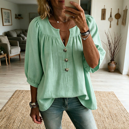 Blouse Tunique Femme Coupe Ample Col V Fendu, Manches 3/4 Bouffantes, Boutons Décoratifs, Style Décontracté Quotidien🔥-57%🍃 pour toutes silhouettes