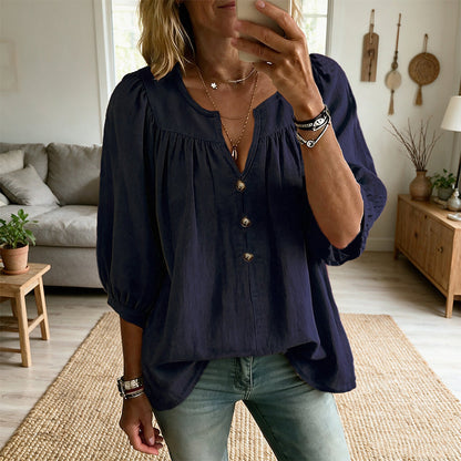 Blouse Tunique Femme Coupe Ample Col V Fendu, Manches 3/4 Bouffantes, Boutons Décoratifs, Style Décontracté Quotidien🔥-57%🍃 pour toutes silhouettes