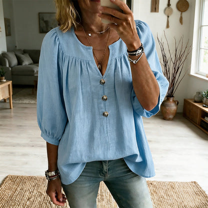 Blouse Tunique Femme Coupe Ample Col V Fendu, Manches 3/4 Bouffantes, Boutons Décoratifs, Style Décontracté Quotidien🔥-57%🍃 pour toutes silhouettes