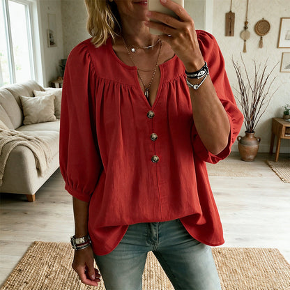 Blouse Tunique Femme Coupe Ample Col V Fendu, Manches 3/4 Bouffantes, Boutons Décoratifs, Style Décontracté Quotidien🔥-57%🍃 pour toutes silhouettes