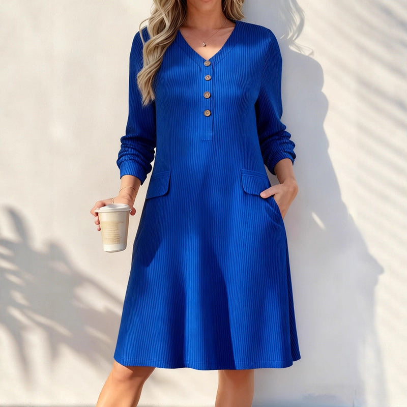 Robe en maille à rayures verticales et col en V pour femme