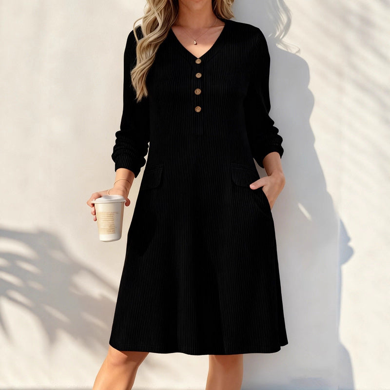 Robe en maille à rayures verticales et col en V pour femme