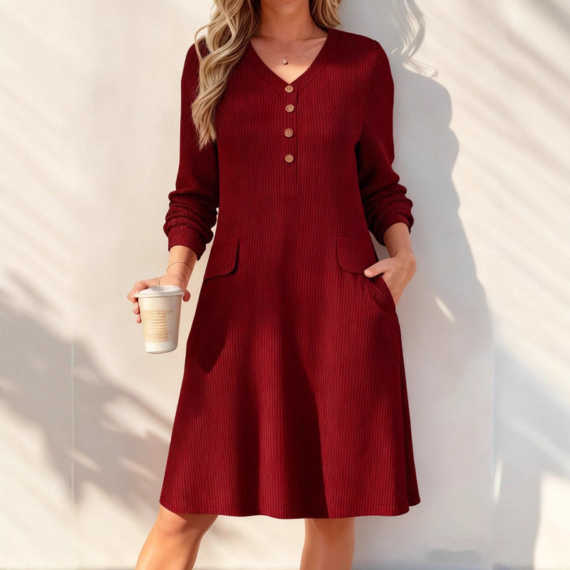 Robe en maille à rayures verticales et col en V pour femme