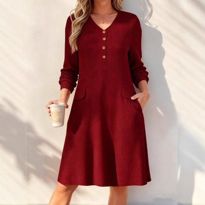 Robe en maille à rayures verticales et col en V pour femme