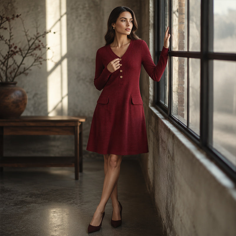 Robe en maille à rayures verticales et col en V pour femme