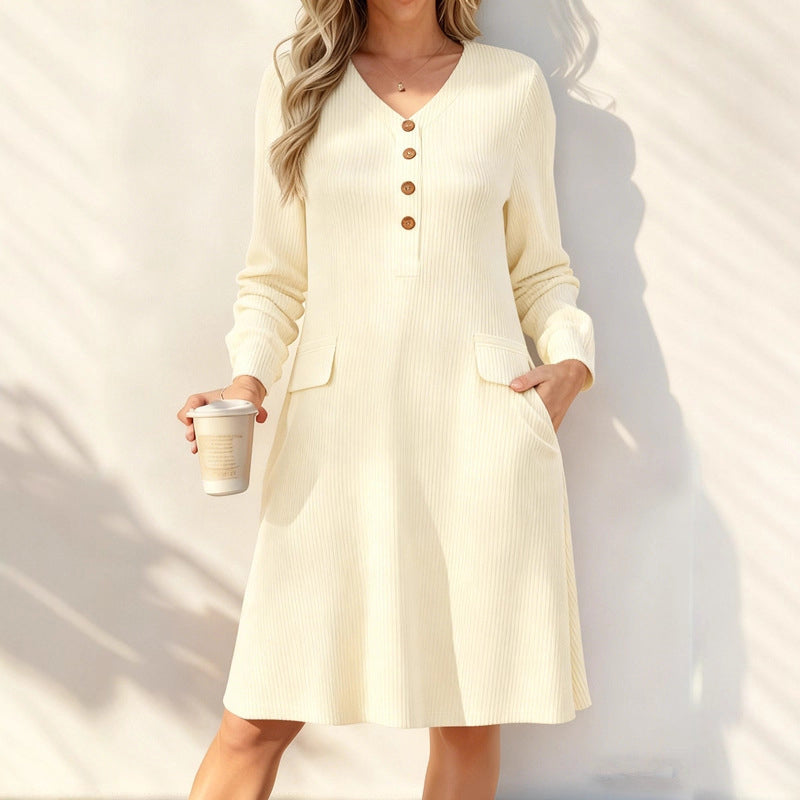 Robe en maille à rayures verticales et col en V pour femme