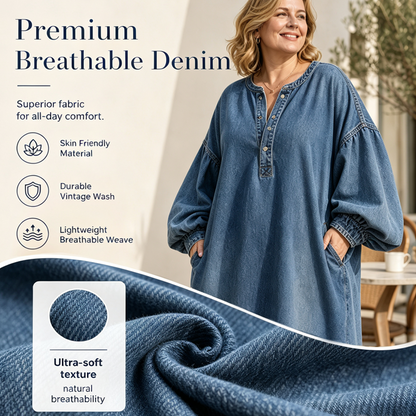 Robe longue en denim femme coupe oversize, encolure boutonnée demi-poitrine, manches lanternes bouffantes avec poches latérales🍃 Coupe ample sans contrainte