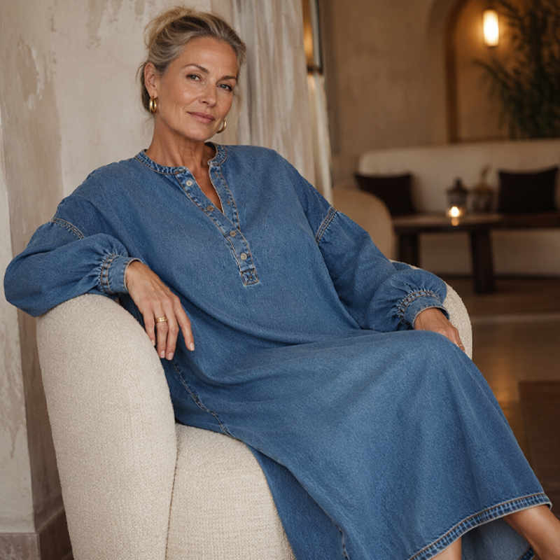 Robe longue en denim femme coupe oversize, encolure boutonnée demi-poitrine, manches lanternes bouffantes avec poches latérales🍃 Coupe ample sans contrainte