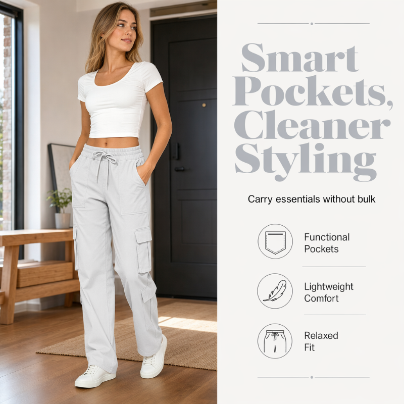 💥Nouveautés et offres spéciales - Pantalon cargo décontracté pour femme, à multiples poches et taille élastiquée