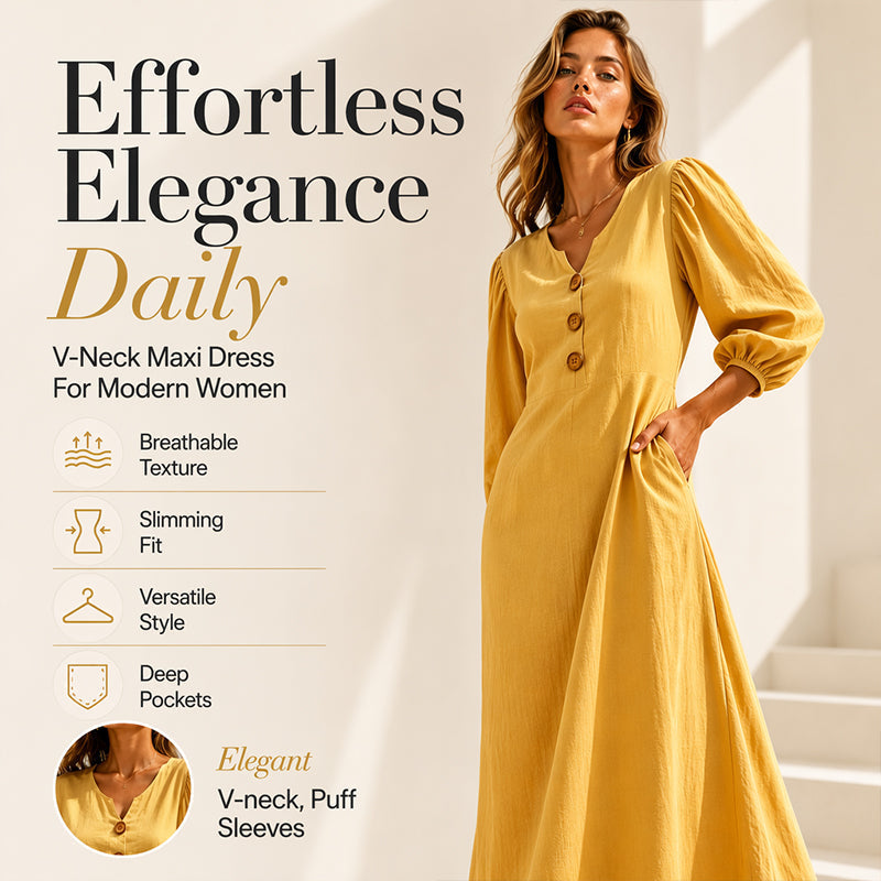 🏆 Best-seller – maintenant à moitié prix ! Robe longue décontractée à encolure en V et manches bouffantes pour femme
