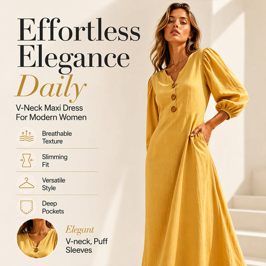 🏆 Best-seller – maintenant à moitié prix ! Robe longue décontractée à encolure en V et manches bouffantes pour femme