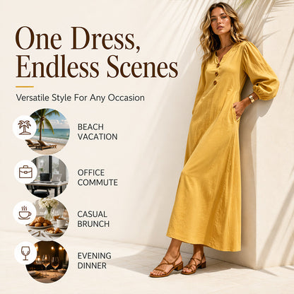 🏆 Best-seller – maintenant à moitié prix ! Robe longue décontractée à encolure en V et manches bouffantes pour femme