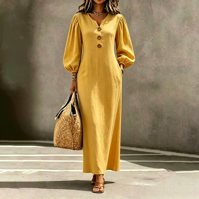 🏆 Best-seller – maintenant à moitié prix ! Robe longue décontractée à encolure en V et manches bouffantes pour femme