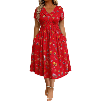 🌺👗Damenkleid mit V-Ausschnitt, Blumenmuster und gedrehter Taille