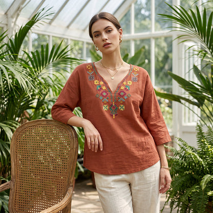 Haut à col en V pour femme, style vintage, avec broderie florale