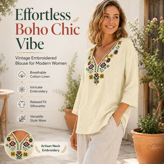 Haut à col en V pour femme, style vintage, avec broderie florale