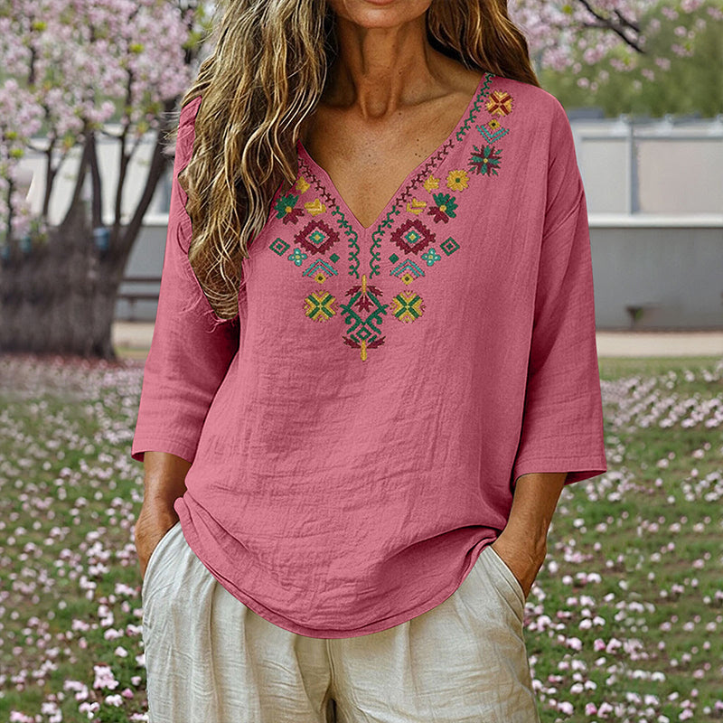 Haut à col en V pour femme, style vintage, avec broderie florale