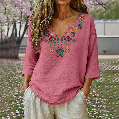 Haut à col en V pour femme, style vintage, avec broderie florale