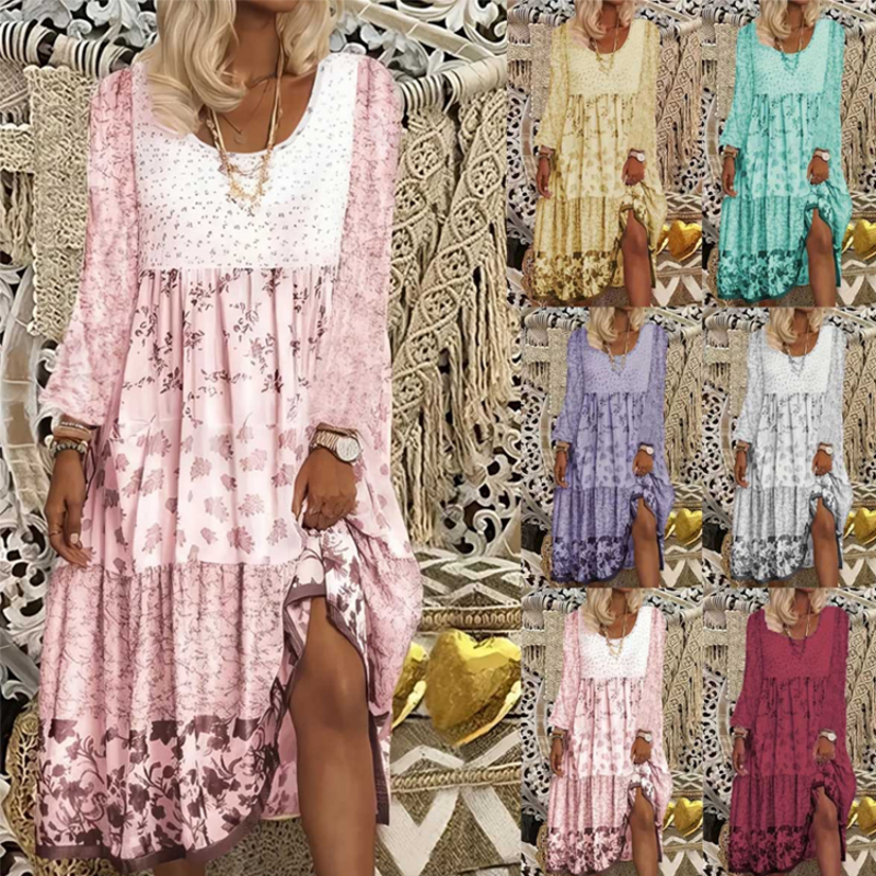 Robe décontractée à manches longues en patchwork pour femme