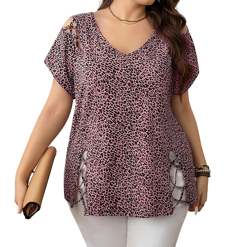 T-shirt ample à col en V imprimé léopard pour femme