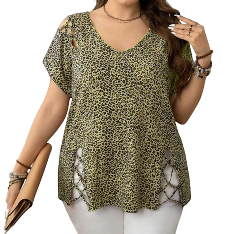 T-shirt ample à col en V imprimé léopard pour femme