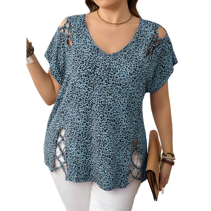 T-shirt ample à col en V imprimé léopard pour femme