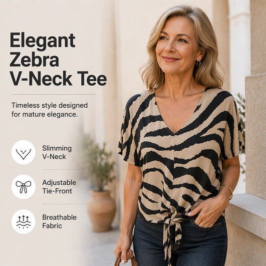 T-shirt à imprimé zèbre, col en V et nœud sur le devant pour femme