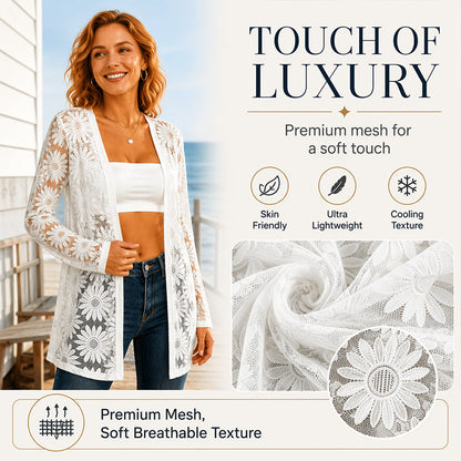 Gilet long en dentelle et résille à manches longues pour femme, motif tournesol