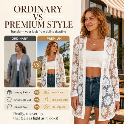 Gilet long en dentelle et résille à manches longues pour femme, motif tournesol
