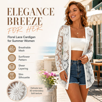 Women's Long Sleeve Sunflower Lace Mesh Cardigan
