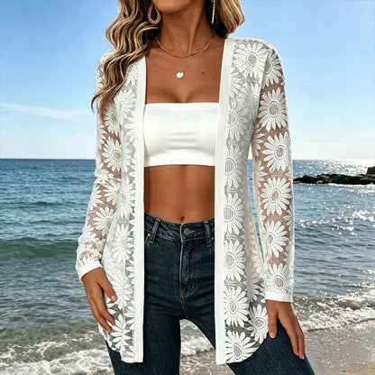 Gilet long en dentelle et résille à manches longues pour femme, motif tournesol