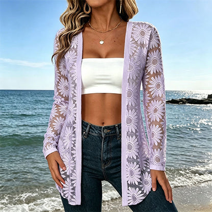 Gilet long en dentelle et résille à manches longues pour femme, motif tournesol