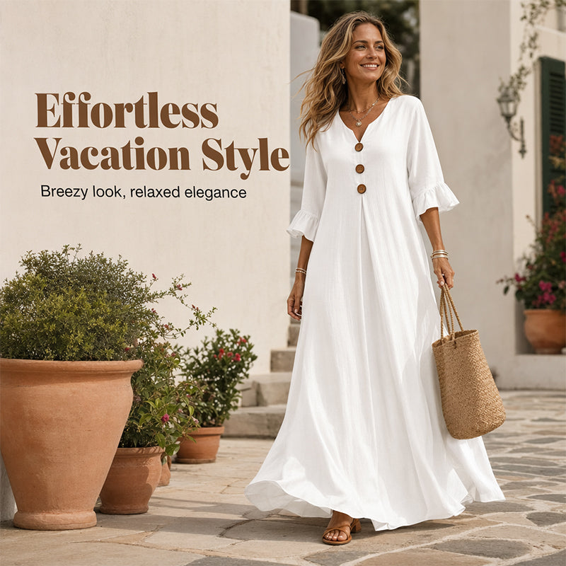 Robe longue à col en V et manches à volants pour femme