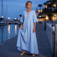Robe longue à col en V et manches à volants pour femme