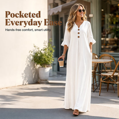Robe longue à col en V et manches à volants pour femme