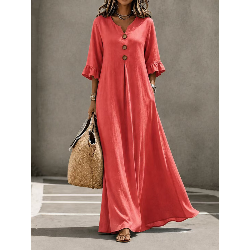 Robe longue à col en V et manches à volants pour femme