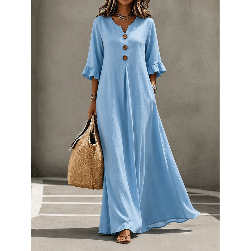 Robe longue à col en V et manches à volants pour femme
