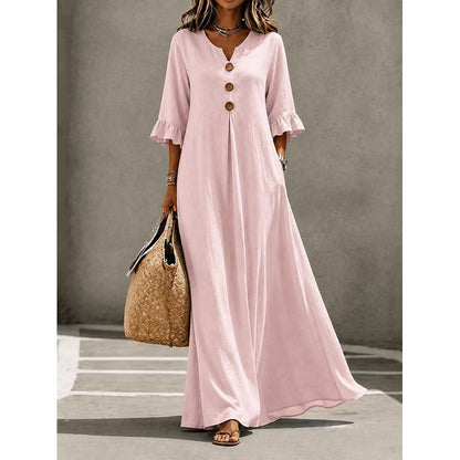 Robe longue à col en V et manches à volants pour femme