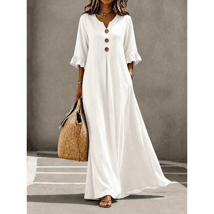 Robe longue à col en V et manches à volants pour femme