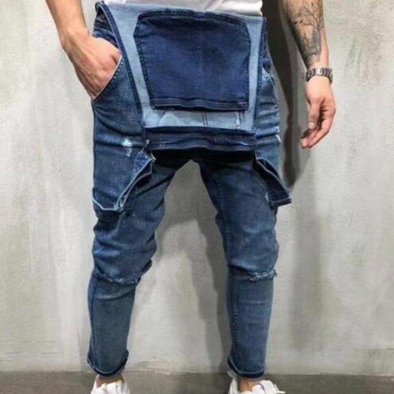 👖Salopettes en jean pour homme : salopettes à bretelles délavées et déchirées
