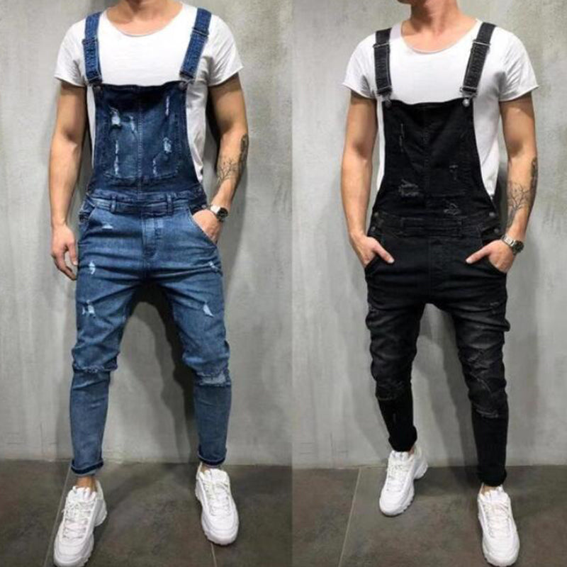 👖Salopettes en jean pour homme : salopettes à bretelles délavées et déchirées