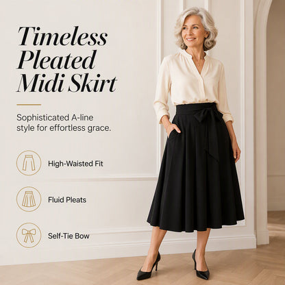 Women's Pleated High Waisted Skirt with Tie Bow