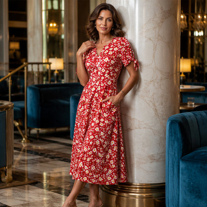 ☀️👗 Coup de cœur – Robe midi décontractée à motifs floraux et col en V – Tombé souple et imprimé romantique
