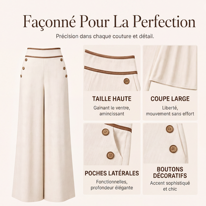 Pantalon large taille haute pour femme avec bordures contrastées