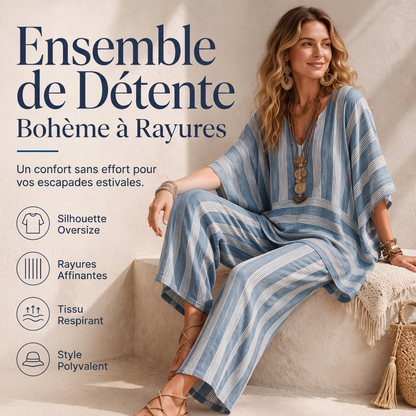 🔥-52%🌿 Ensemble de détente léger à rayures, idéal pour les sorties décontractées 🤍 Haut ample + pantalon large