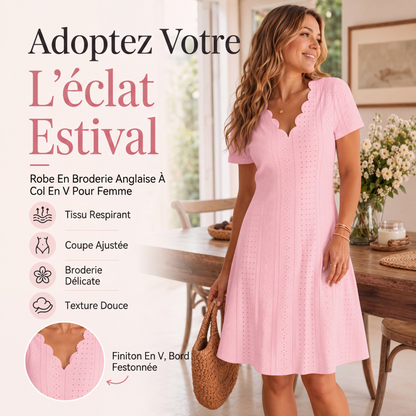 🌷 Robe élégante en broderie anglaise, décolleté ondulé 🤍 Robe midi évasée manches courtes, tissu léger convenant aux sorties quotidiennes